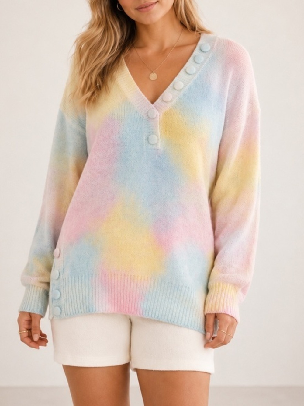 LoveShackFancy Naveen Alpaca Blend Pastel Tie Dye V-Neck Oversized Cozy Sweater